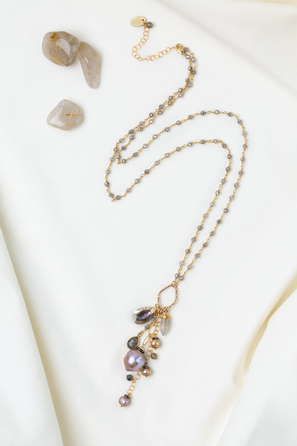 Alchemy 26.5-28.5" Labradorite With Freshwater Pearl, Gold Rutilated Quartz, Abalone, And Moonstone Cluster Necklace