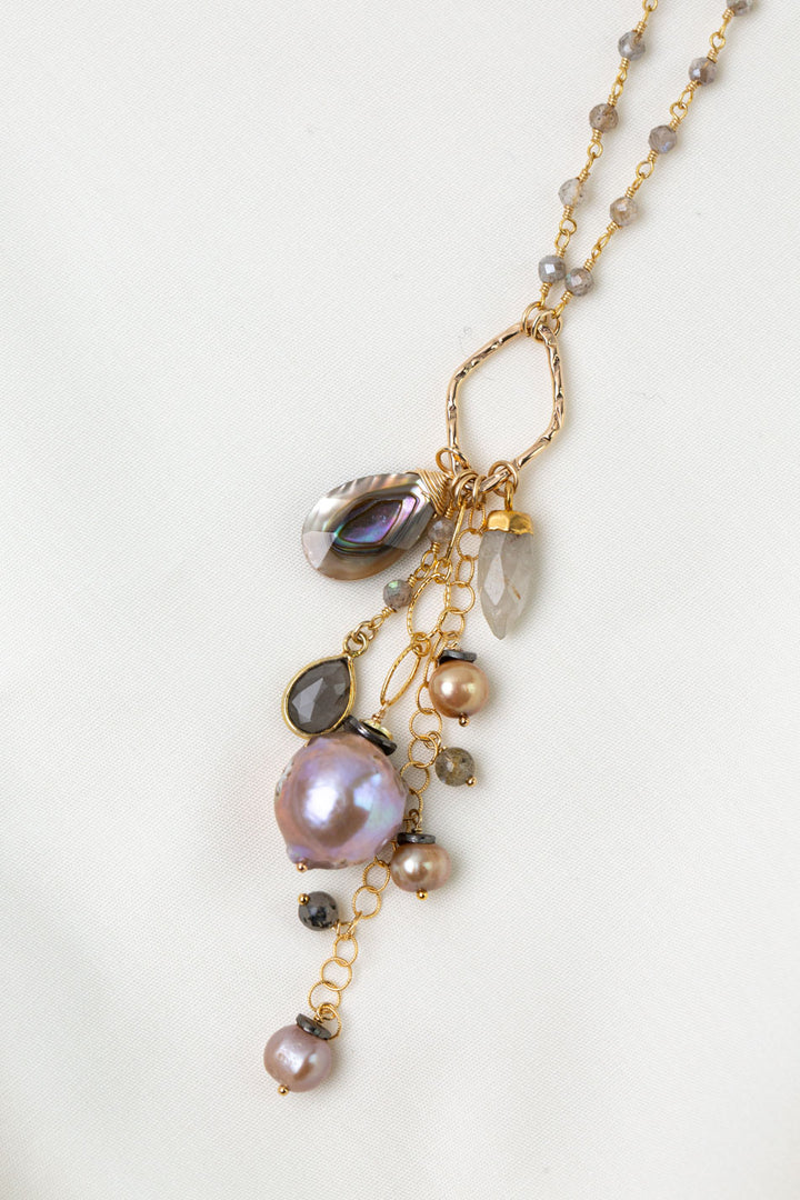 Alchemy 26.5-28.5" Labradorite With Freshwater Pearl, Gold Rutilated Quartz, Abalone, And Moonstone Cluster Necklace