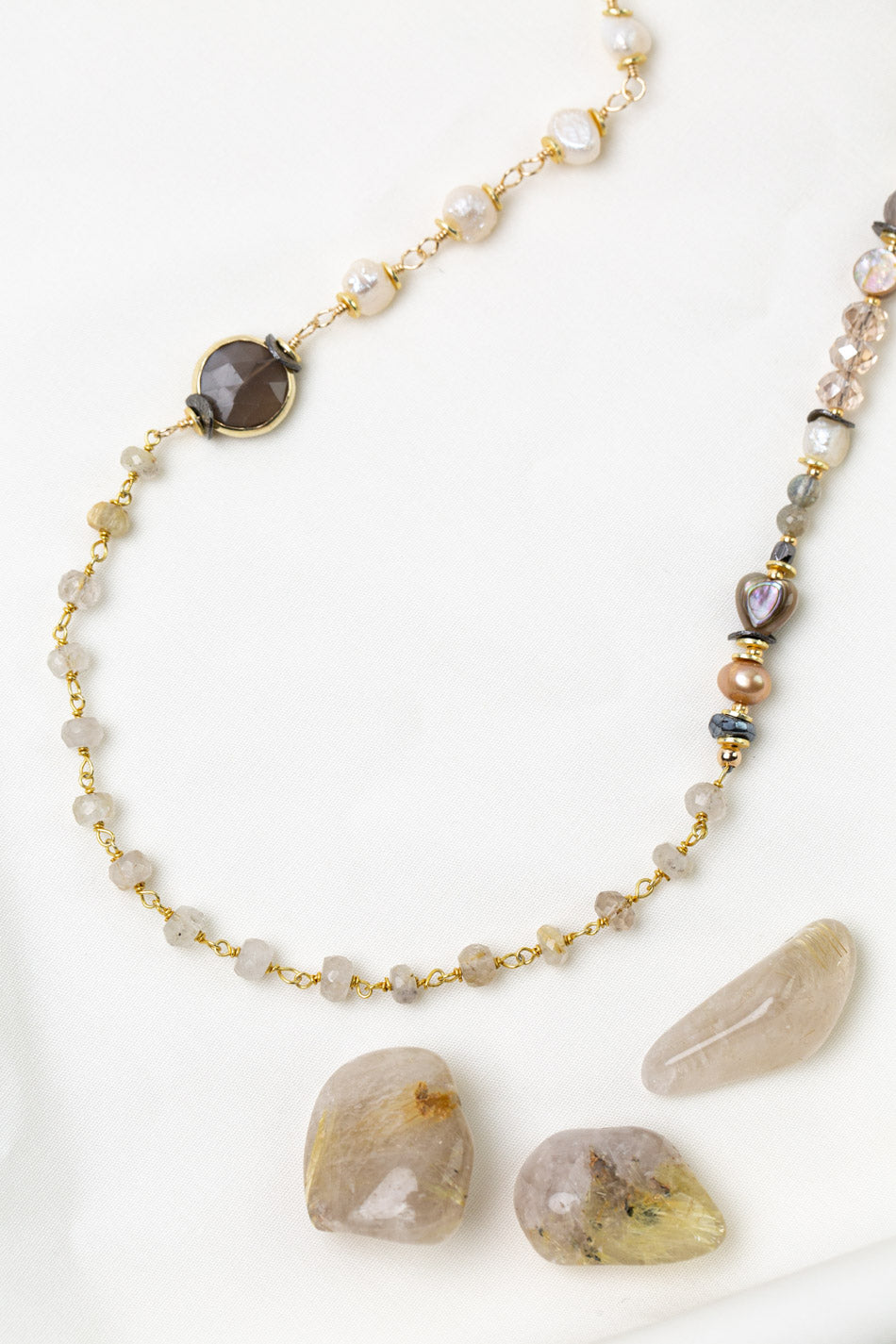 Alchemy 37-39" Gold Rutilated Quartz, Grey Moonstone, Freshwater Pearl Collage Necklace