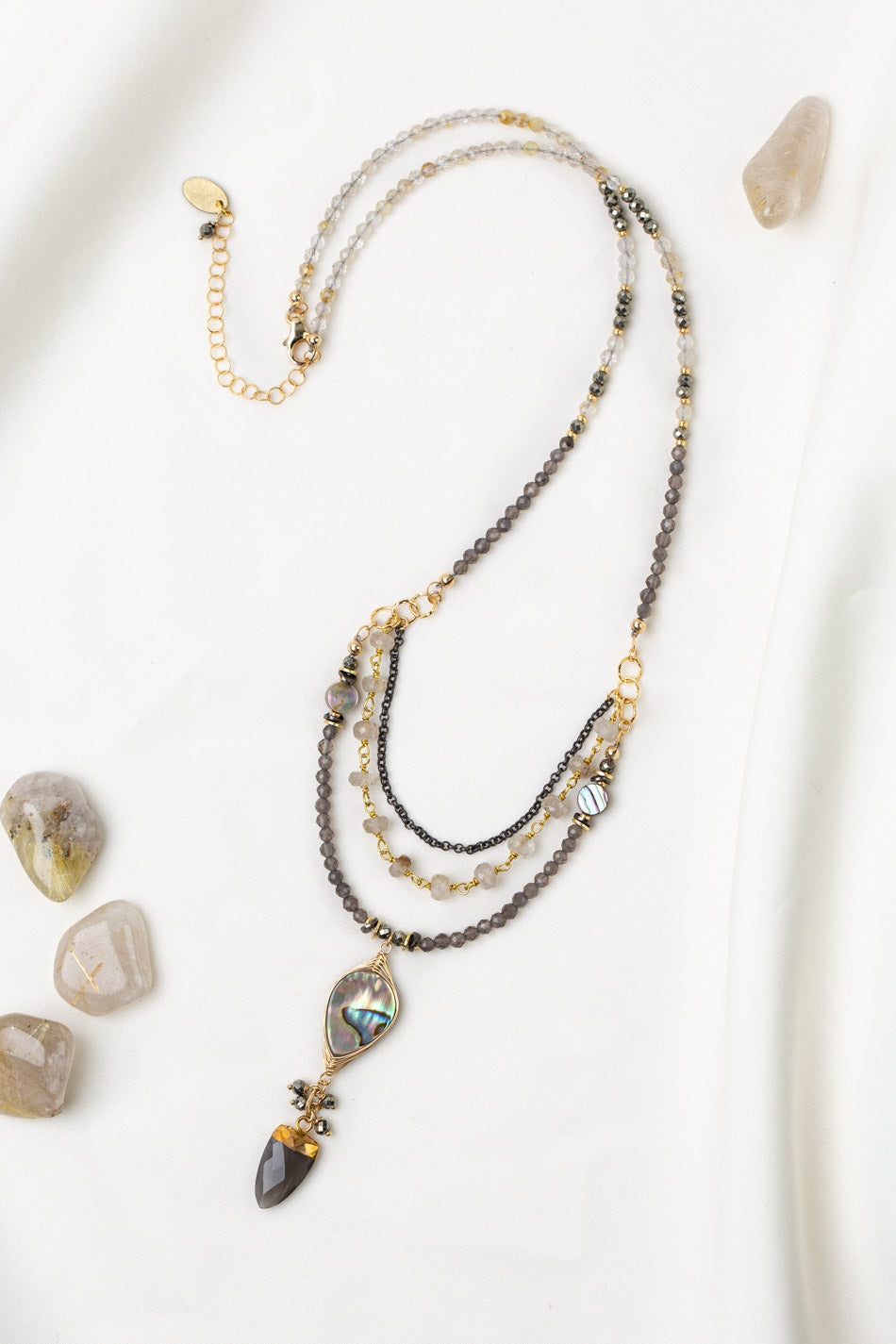 Alchemy 20-22" Gold Rutilated Quartz With Moonstone, Abalone, Pyrite Multistrand Necklace