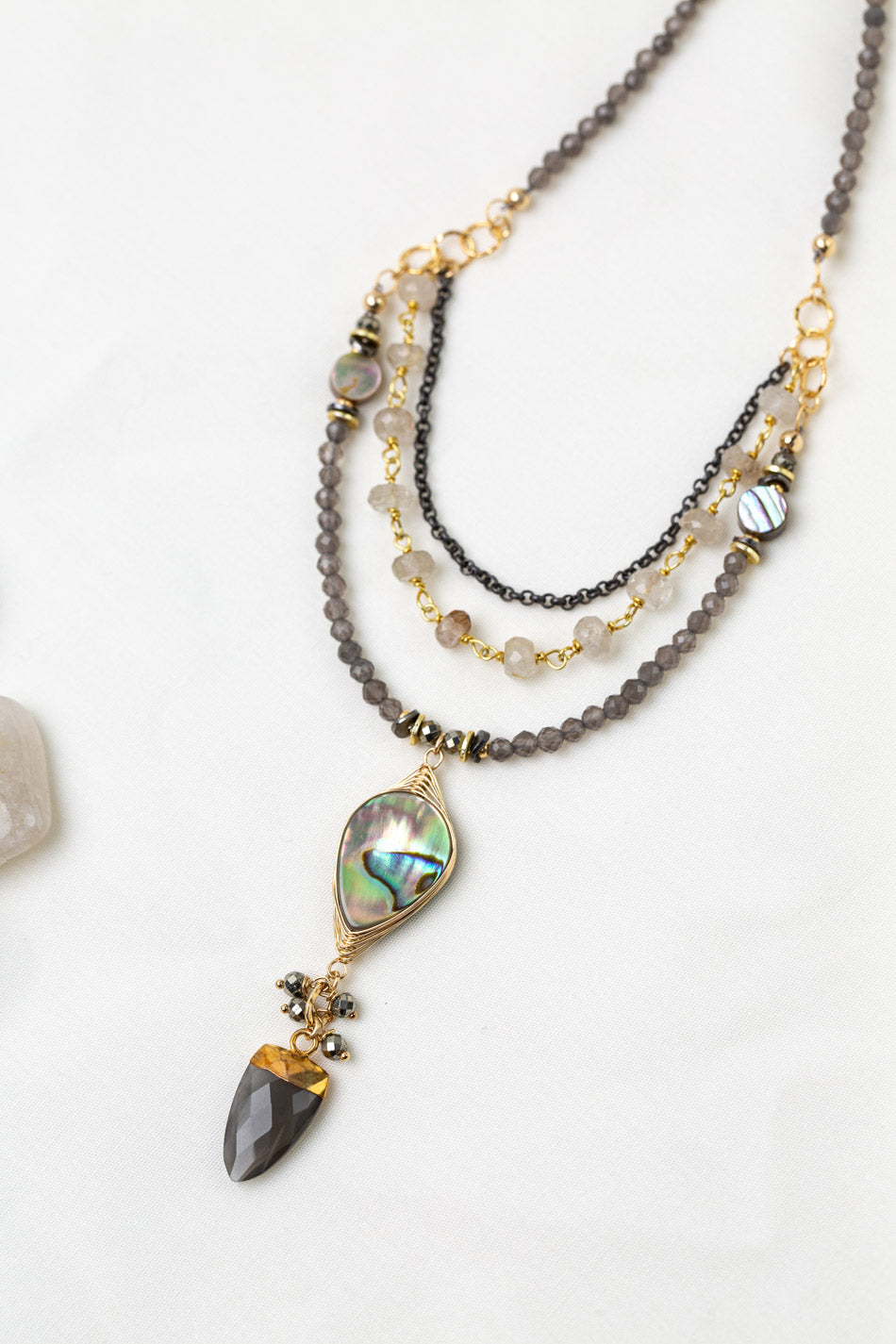 Alchemy 20-22" Gold Rutilated Quartz With Moonstone, Abalone, Pyrite Multistrand Necklace