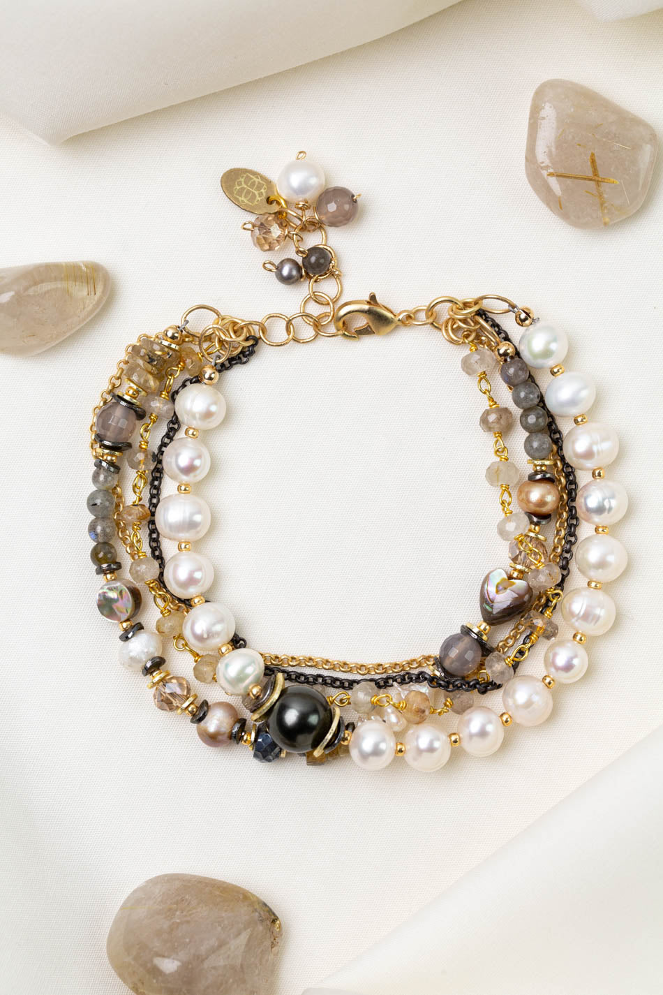 Alchemy 7.75-8.75" Freshwater Pearl, Gold Rutilated Quartz, Abalone Multistrand Bracelet