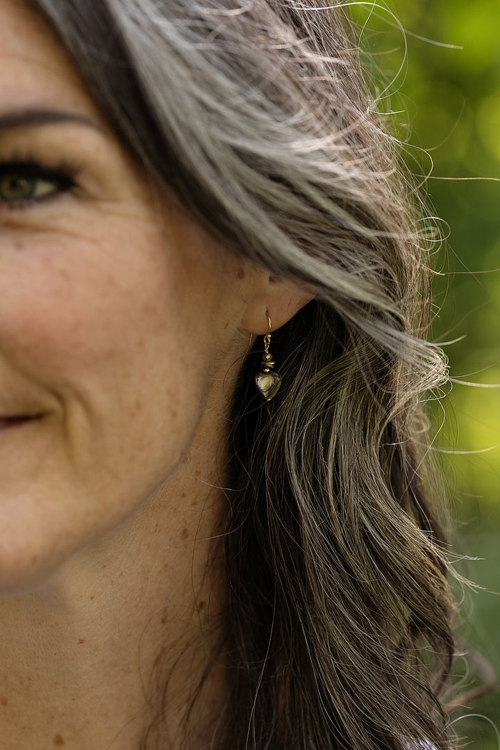 Alchemy Faceted Pyrite With Abalone Shell Hearts Simple Earrings