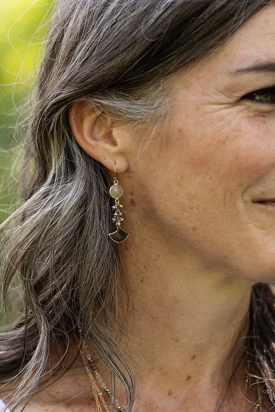 Alchemy Pyrite, Gold Rutilated Quartz With Grey Moonstone Dangle Earrings