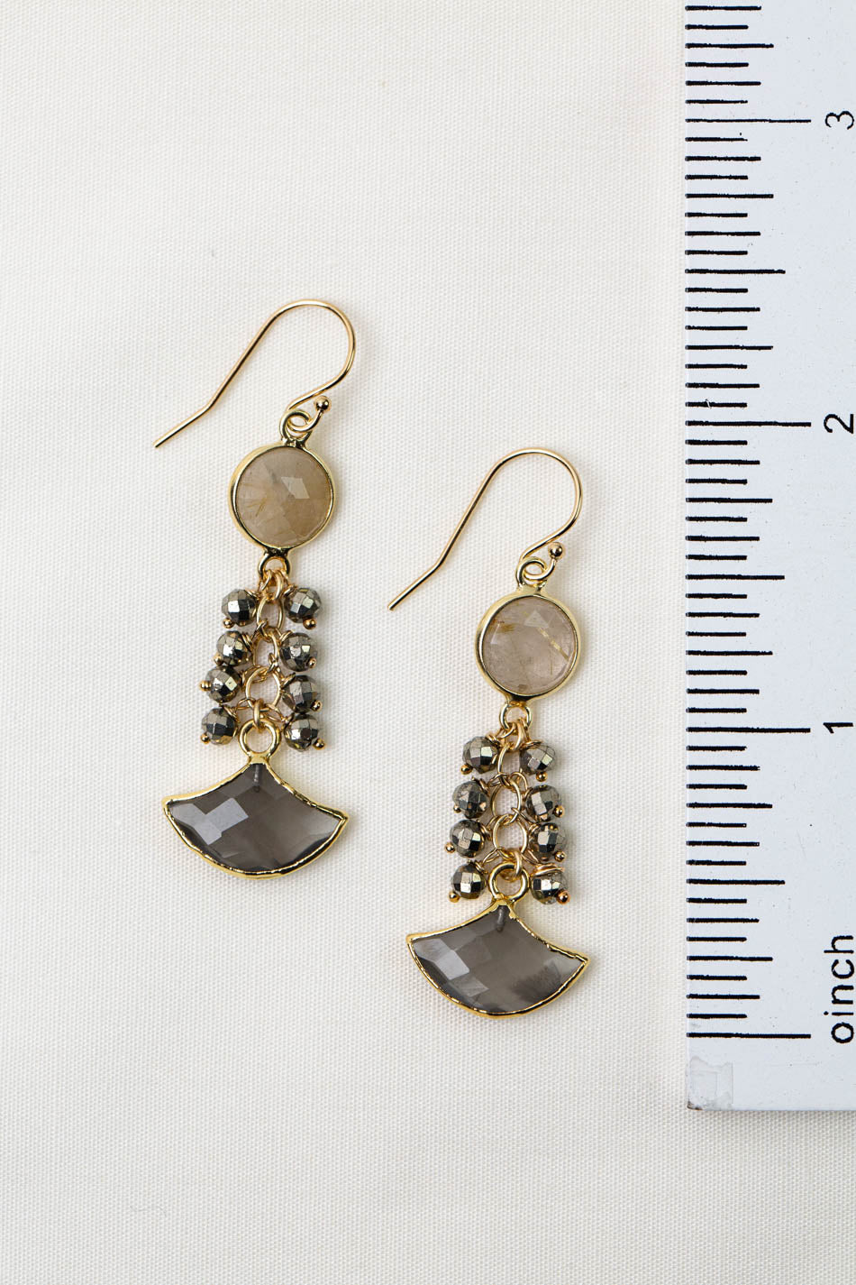 Alchemy Pyrite, Gold Rutilated Quartz With Grey Moonstone Dangle Earrings