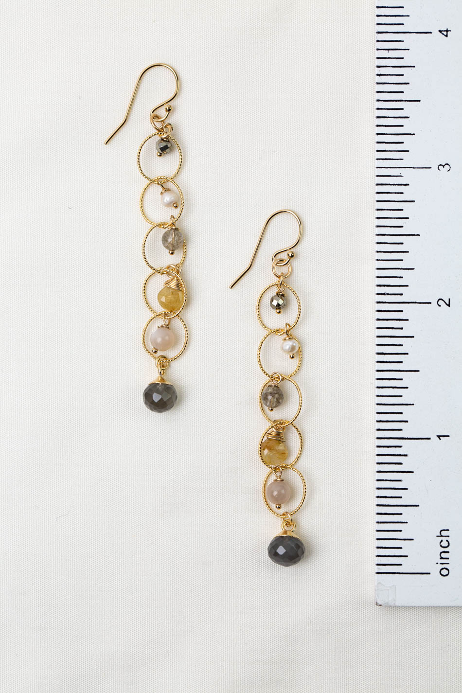 Alchemy Gold Rutilated Quartz, Labradorite, Freshwater Pearl With Moonstone Dangle Earrings