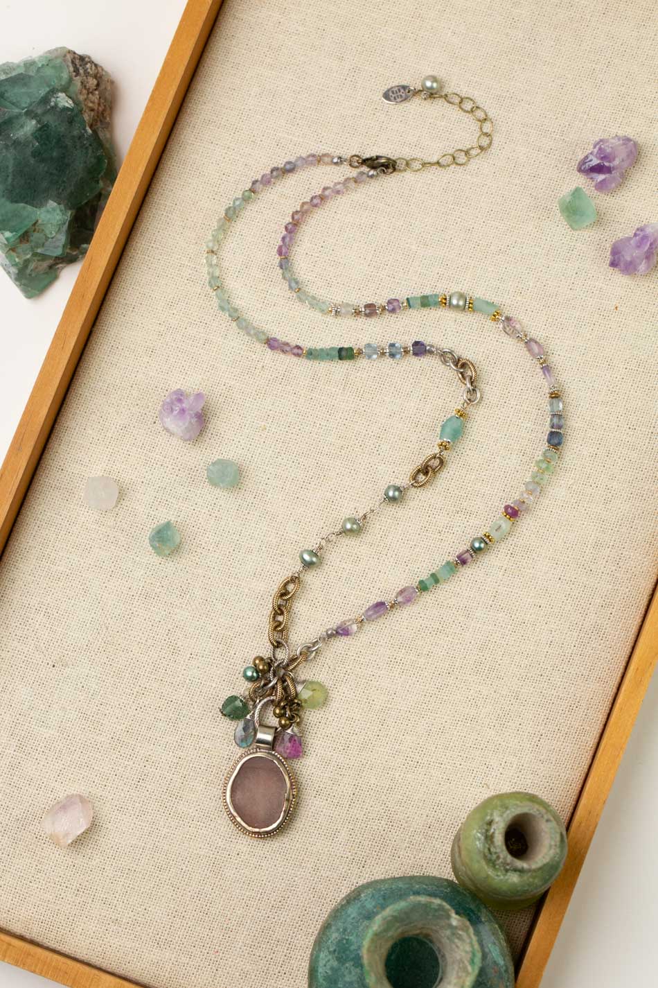 Aspire 23.5-25.5" Fluorite, Roman Glass, Freshwater Pearl With Tibetan Amethyst Pendant Statement Necklace