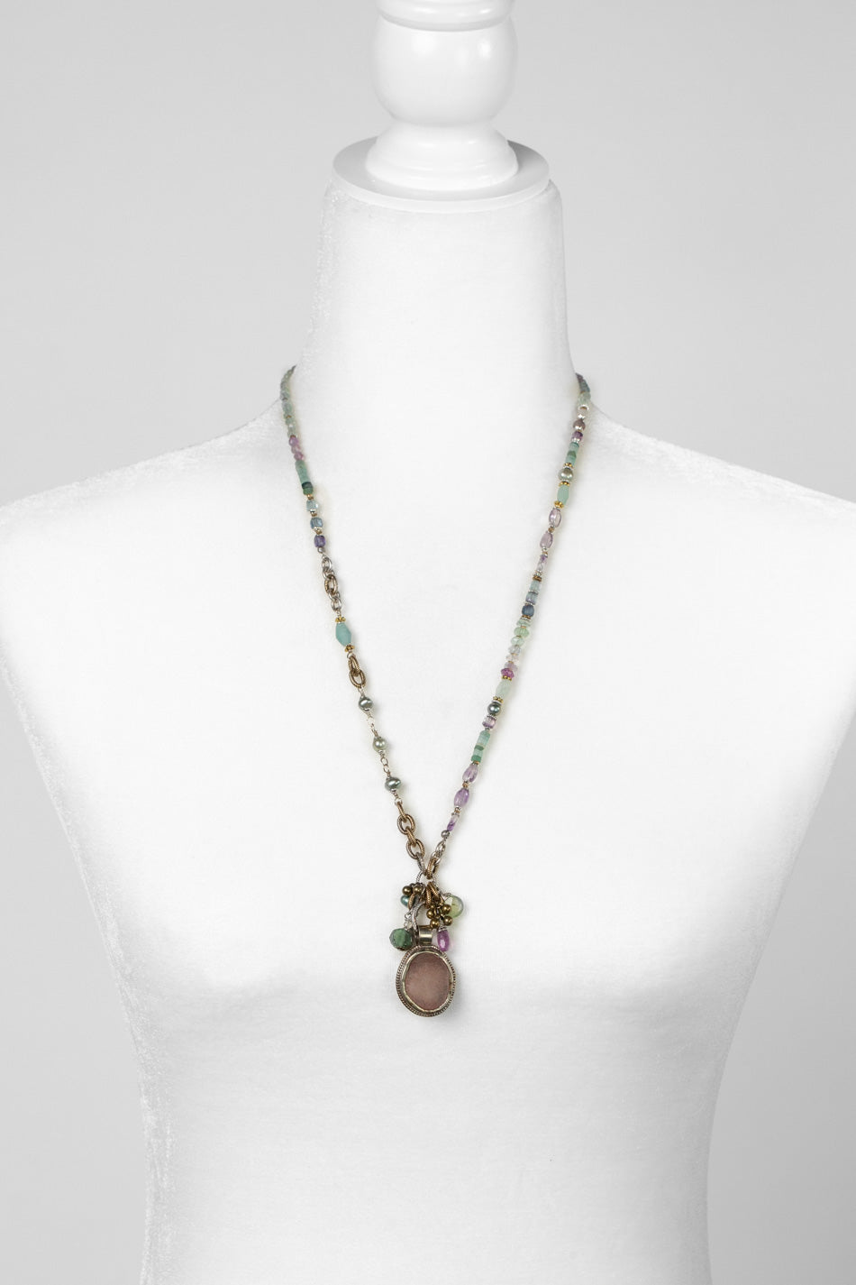 Aspire 23.5-25.5" Fluorite, Roman Glass, Freshwater Pearl With Tibetan Amethyst Pendant Statement Necklace