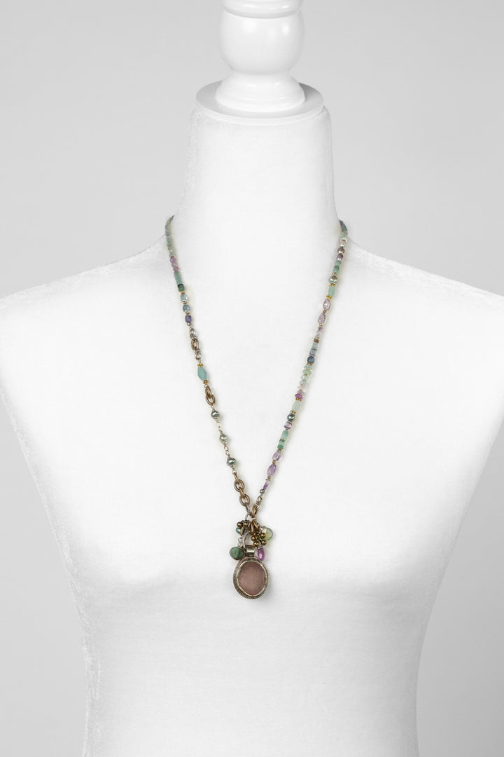 Aspire 23.5-25.5" Fluorite, Roman Glass, Freshwater Pearl With Tibetan Amethyst Pendant Statement Necklace