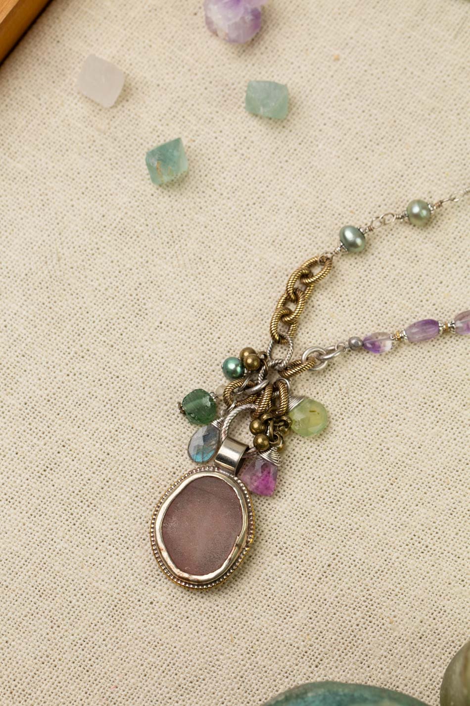 Aspire 23.5-25.5" Fluorite, Roman Glass, Freshwater Pearl With Tibetan Amethyst Pendant Statement Necklace