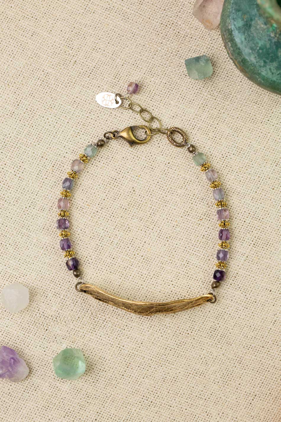 Aspire 7.5-8.5" Rainbow Fluorite With Antique Gold Plated Brass Leaf Statement Bracelet