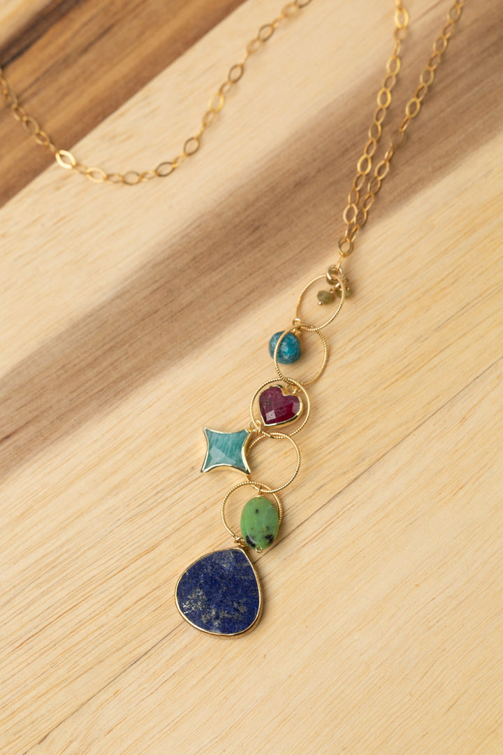 Aurora 26.5-28.5" Faceted Ruby Heart, Lapis Lazuli, Amazonite Cluster Necklace