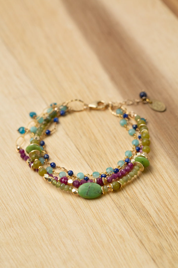 Aurora 7.5-8.5" Faceted Ruby, Lapis Lazuli, Amazonite Multistrand Bracelet