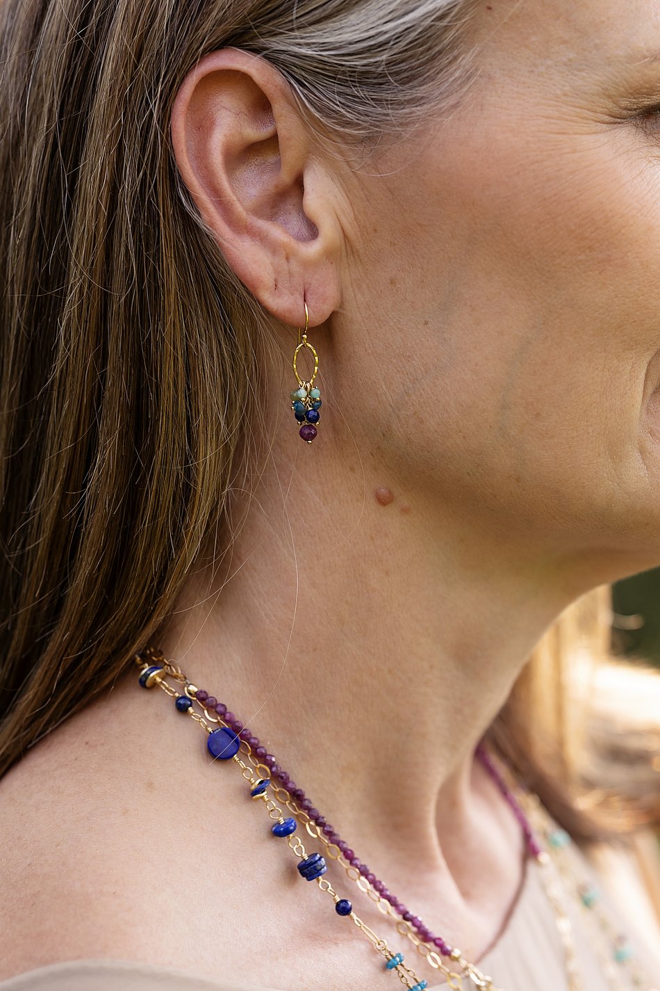 Aurora Faceted Ruby, Faceted Lapis Lazuli, Blue Apatite Cluster Earrings