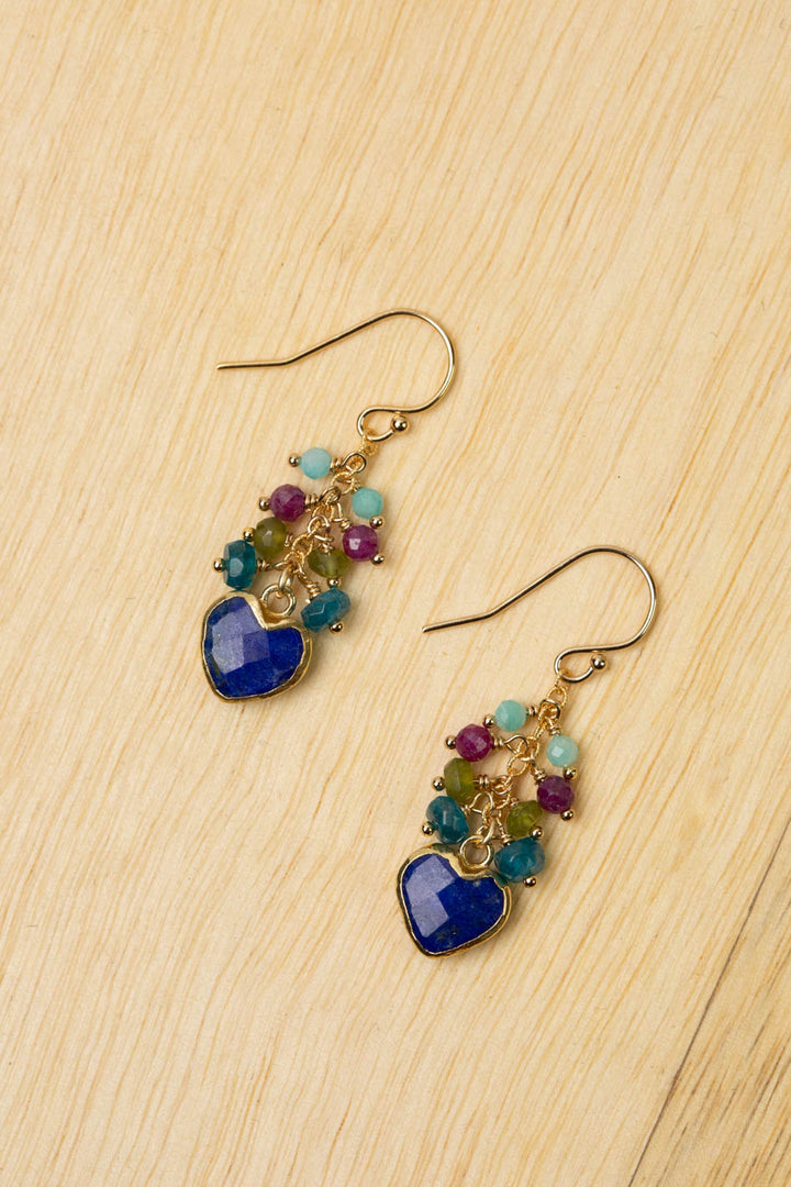 Aurora Blue Apatite, Lapis Lazuli, Green Jade With Faceted Ruby Gold Plated Heart Bezel Cluster Earrings