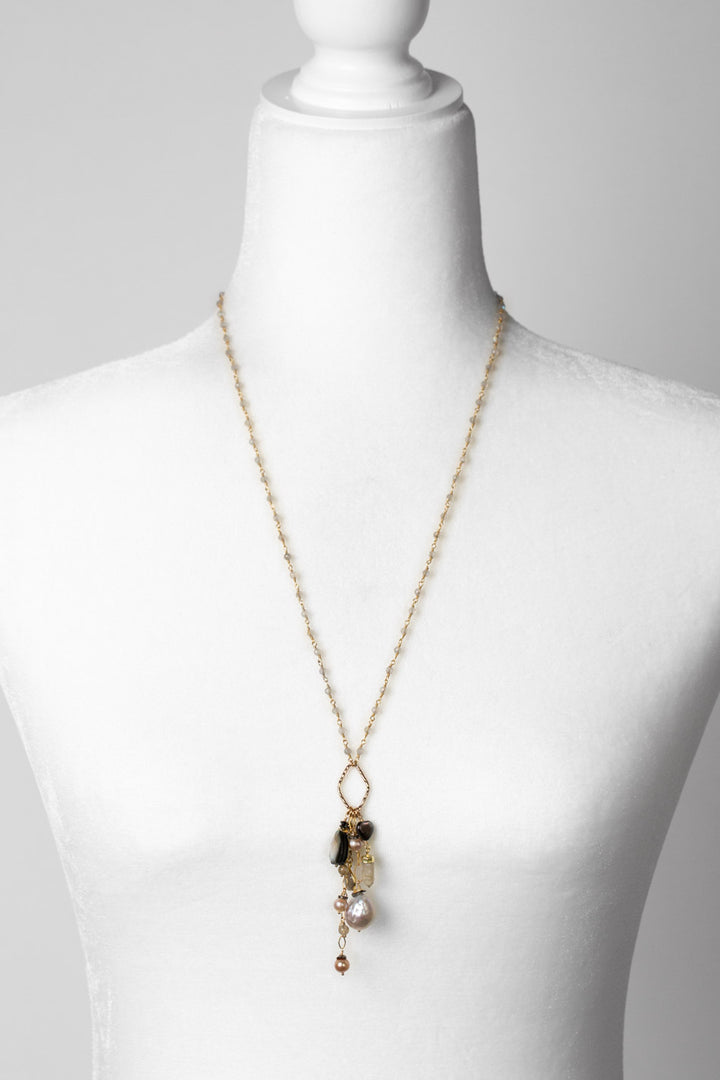 Alchemy 26.5-28.5" Labradorite With Freshwater Pearl, Gold Rutilated Quartz, Abalone, And Moonstone Cluster Necklace