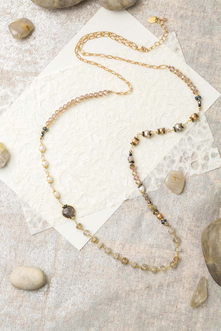 Alchemy 37-39" Gold Rutilated Quartz, Grey Moonstone, Freshwater Pearl Collage Necklace