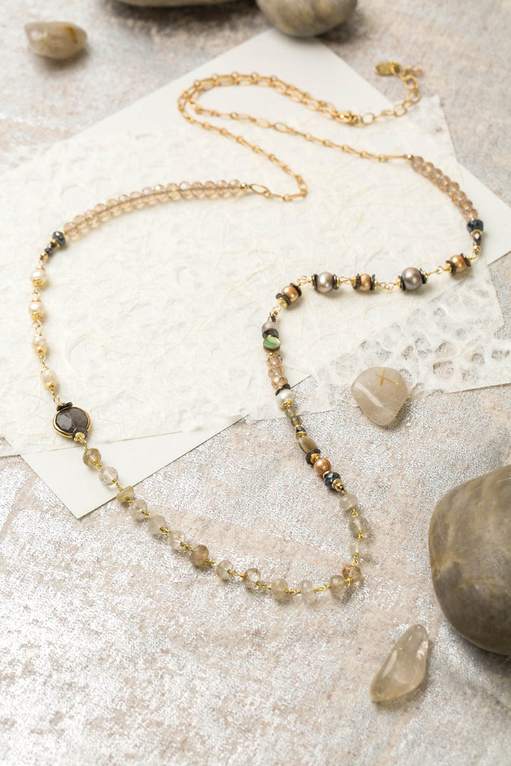 Alchemy 37-39" Gold Rutilated Quartz, Grey Moonstone, Freshwater Pearl Collage Necklace
