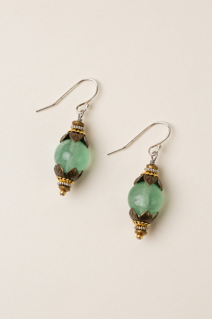 Aspire Green Fluorite With Gold Plated Brass Flowers Simple Earrings