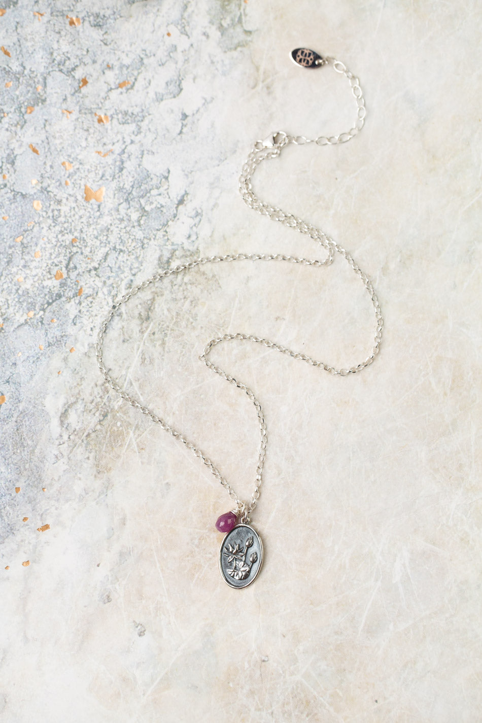 Birth Flower 16.5-18.5" July Water Lily & Ruby Simple Necklace