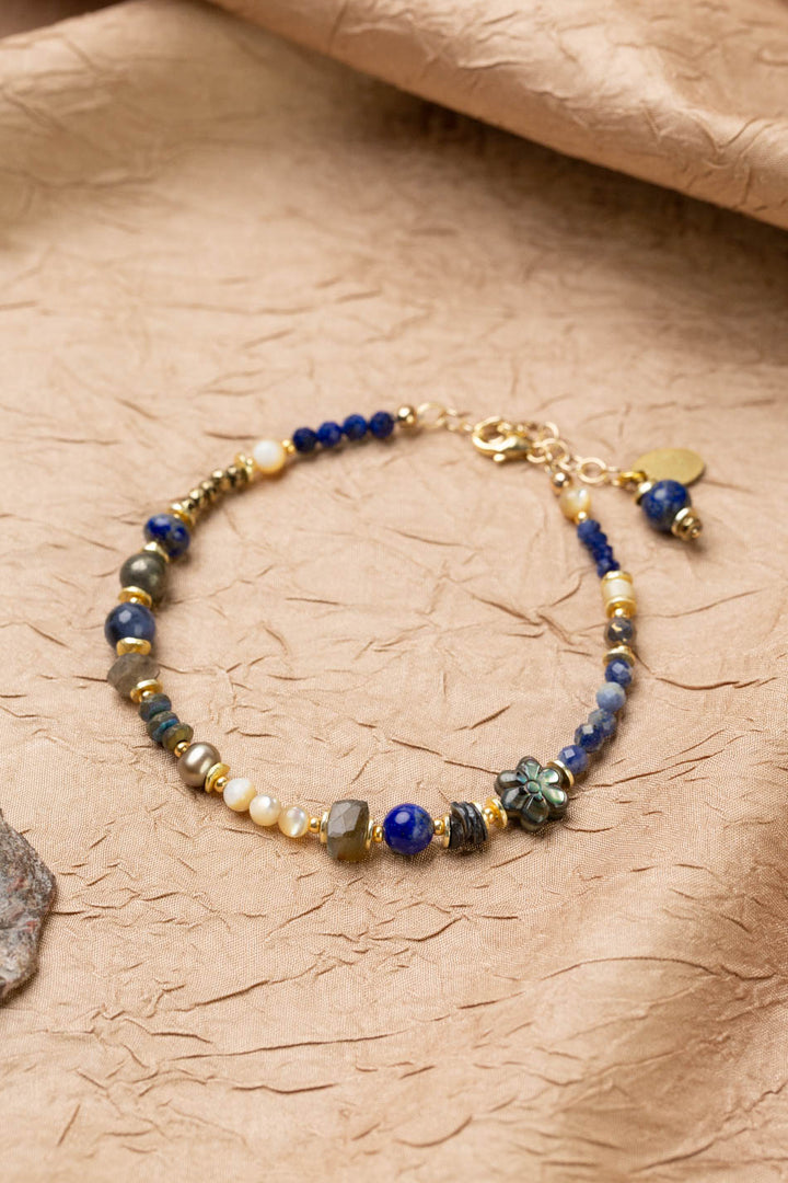 Blue Moon 7.5-8.5" Lapis Lazuli, Pyrite, Labradorite, Sodalite, Freshwater Pearl, Mother Of Pearl, Abalone Flower Collage Bracelet