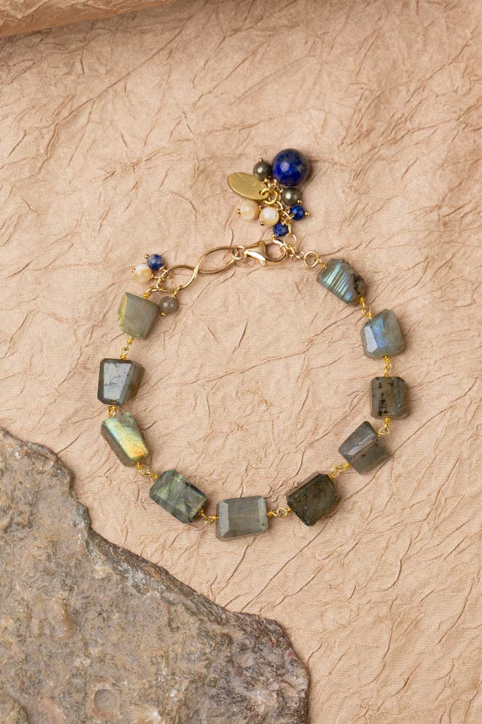 Blue Moon 7.5-8.5" Labradorite, Lapis Lazuli, Pyrite, Mother Of Pearl Simple Bracelet