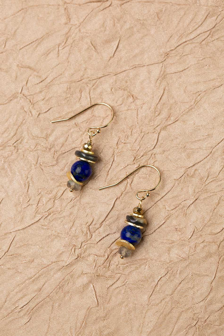 Blue Moon Labradorite, Lapis Lazuli, Pyrite, Abalone Shell Simple Earrings