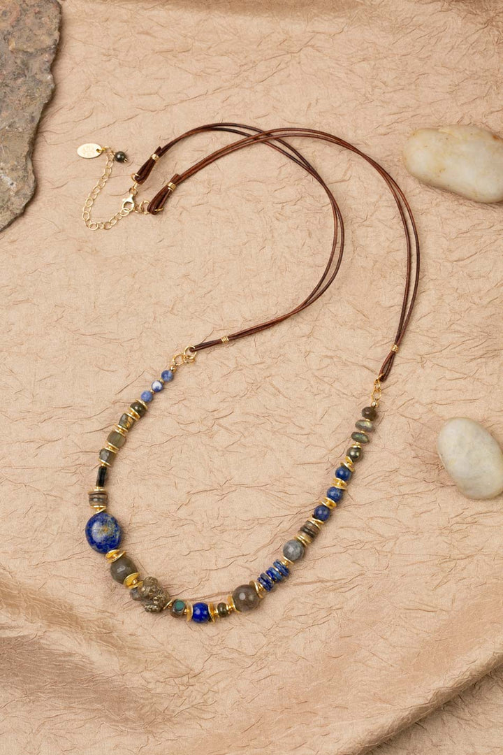 Blue Moon 27.5-29.5" Labradorite, Abalone Shell, Sodalite, Lapis Lazuli, Pyrite Collage Necklace