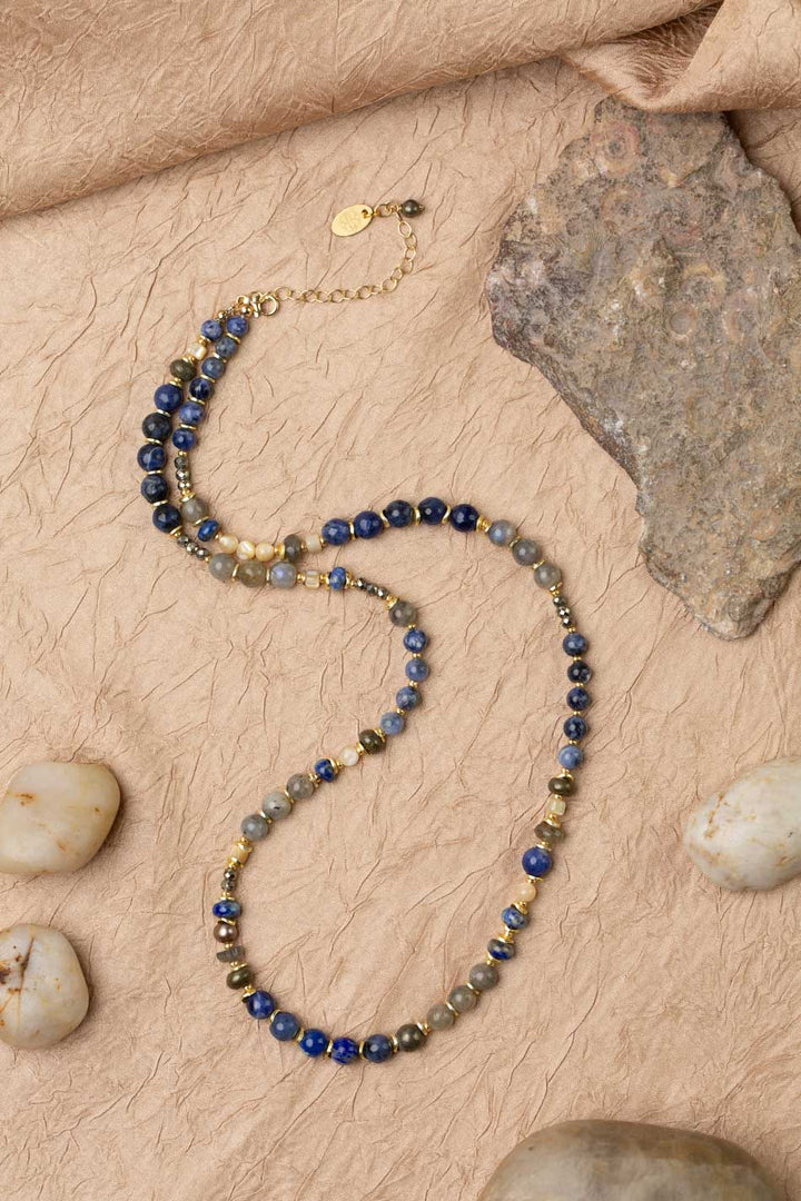 Blue Moon 20.5-22.5" Lapis Lazuli, Pyrite, Labradorite, Sodalite, Mother Of Pearl Collage Necklace