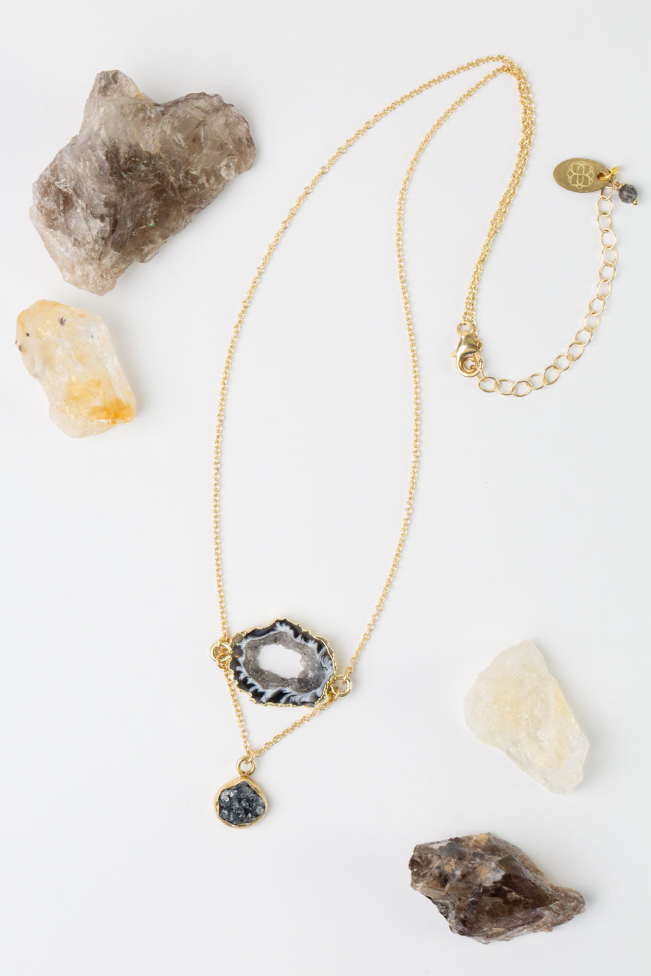 Black Rutilated Quartz 16-18" Gold Plated Druzy Geode Slice With Black Druzy Gold Plated Bezel Dangle Cluster Necklace