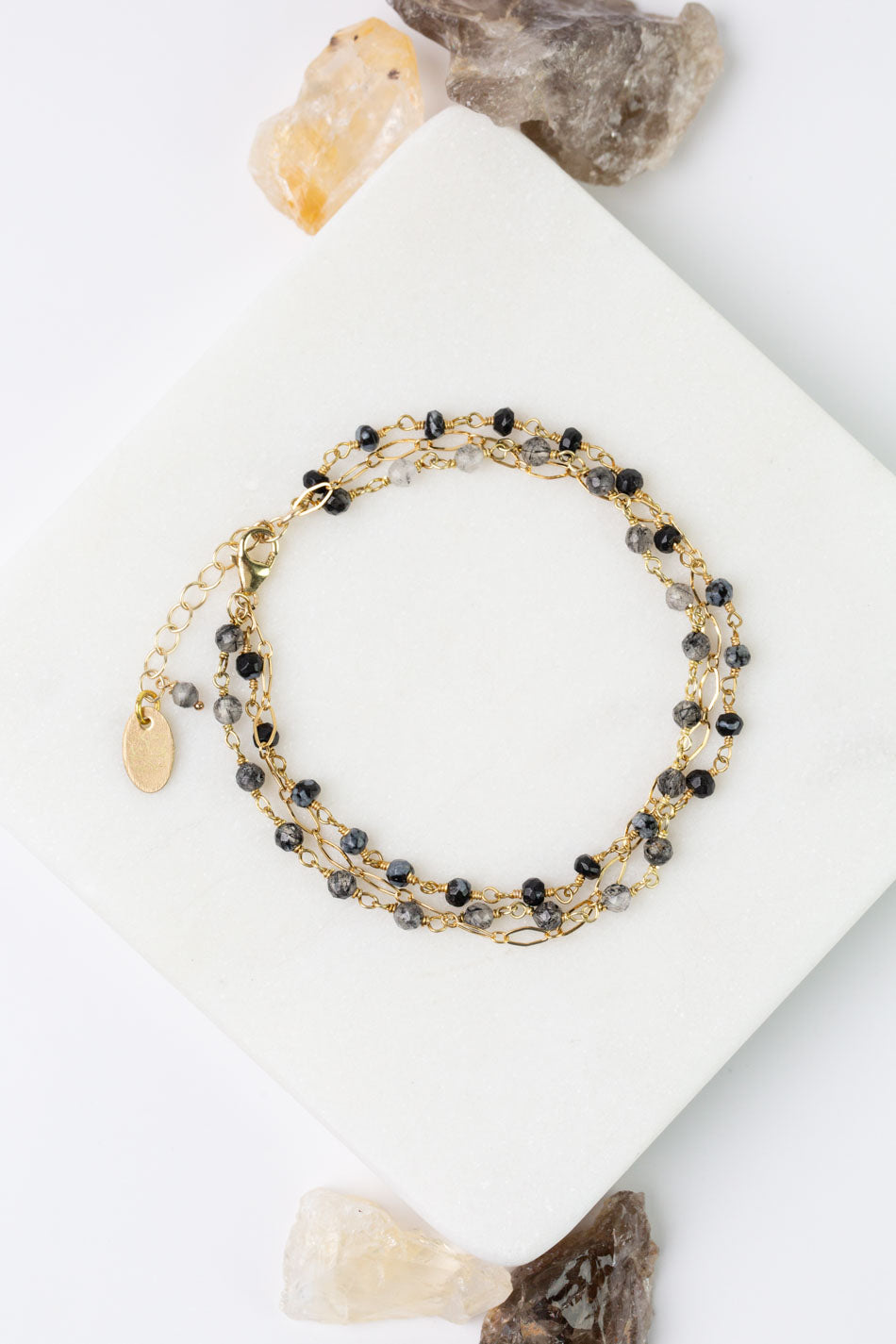 Black Rutilated Quartz 7-8" Faceted Black Tourmaline, Rutilated Quartz Snowflake Obsidian Simple Bracelet