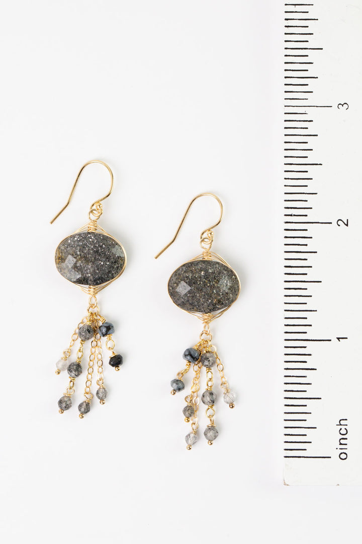 Black Rutilated Quartz Black Druzy With Faceted Black Tourmaline, Rutilated Quartz Herringbone Earrings