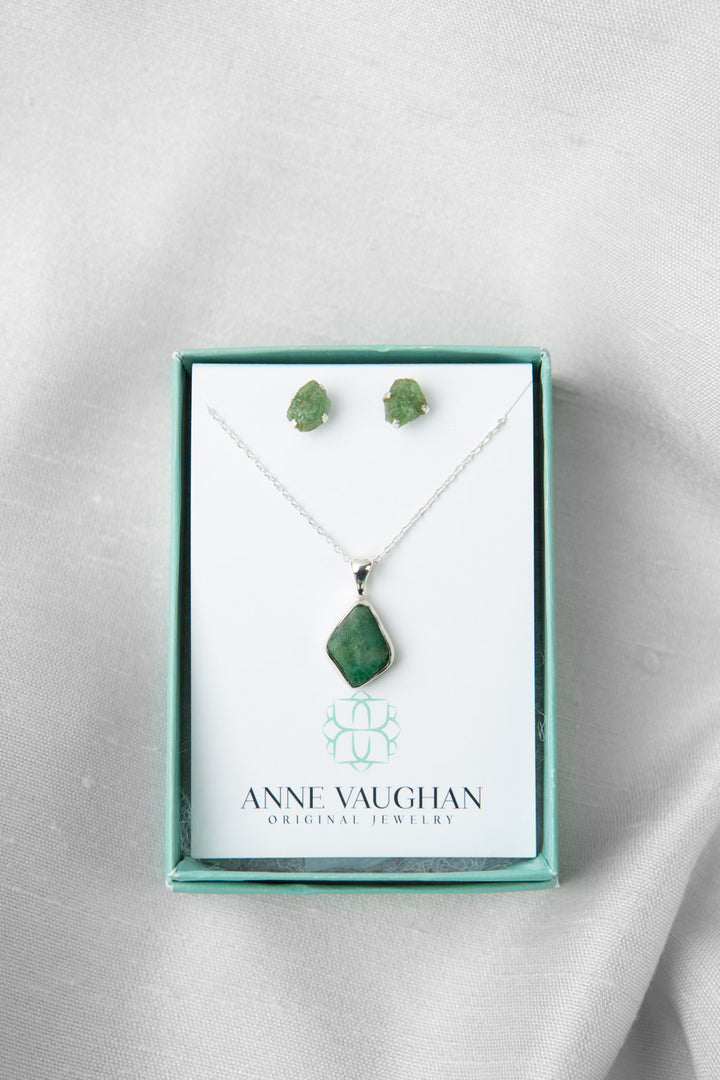 Birthstone 16-20.5" May Natural Emerald Pendant Necklace And Earrings Set