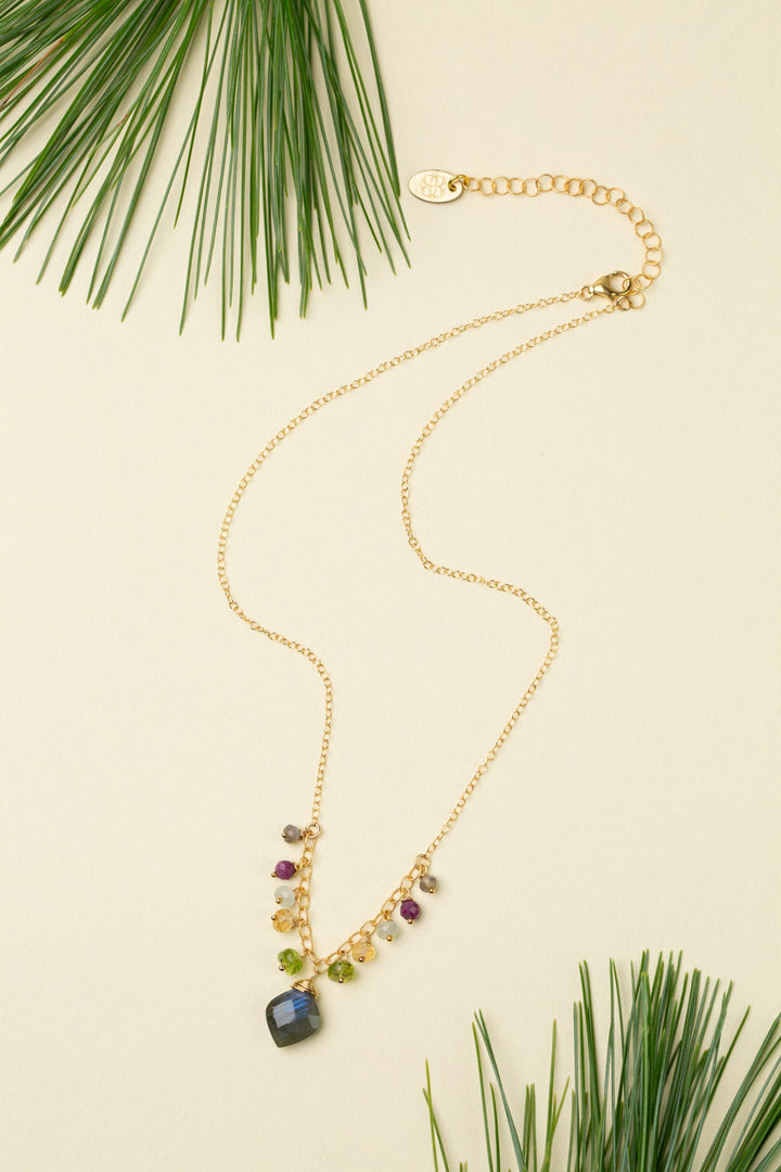 Celebrate 14.5-16.5" Labradorite Briolette With Peridot, Ruby, Citrine, And Aquamarine Cluster Necklace