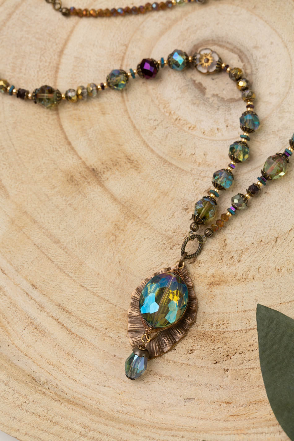 Crisp Autumn 21.5-23.5" Czech Glass Flower With Antique Brass Leaf And Faceted Crystal Collage Necklace