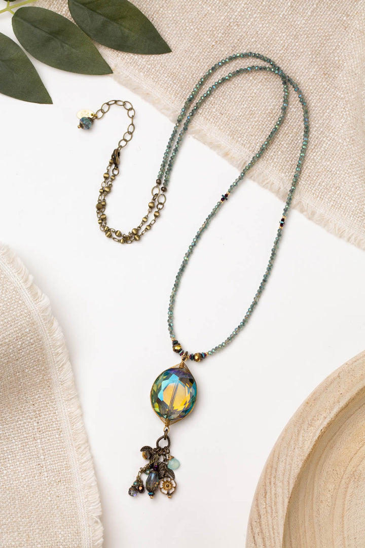 Crisp Autumn 32-34" Chalcedony Briolette, Crystal, Czech Glass, And Antique Brass Leaf Dangles Cluster Necklace