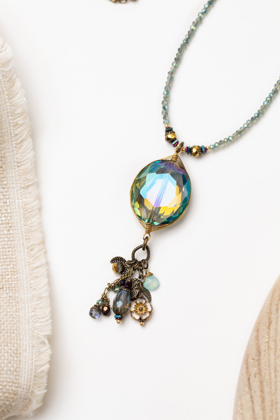 Crisp Autumn 32-34" Chalcedony Briolette, Crystal, Czech Glass, And Antique Brass Leaf Dangles Cluster Necklace