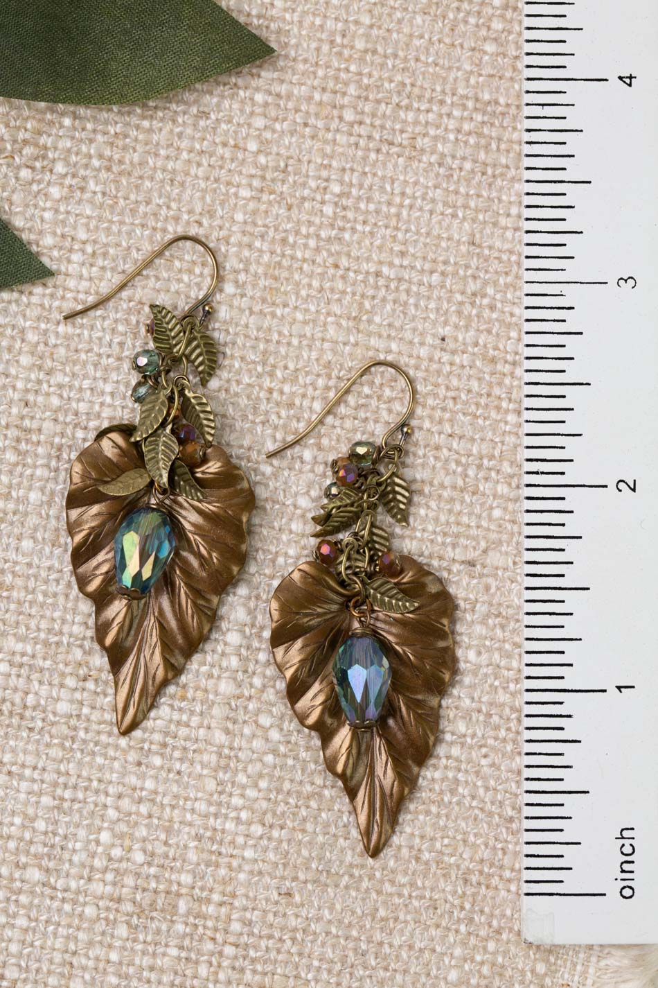 Crisp Autumn Czech Glass With Faceted Crystal Drop Dangle And Antique Brass Leaves Statement Earrings