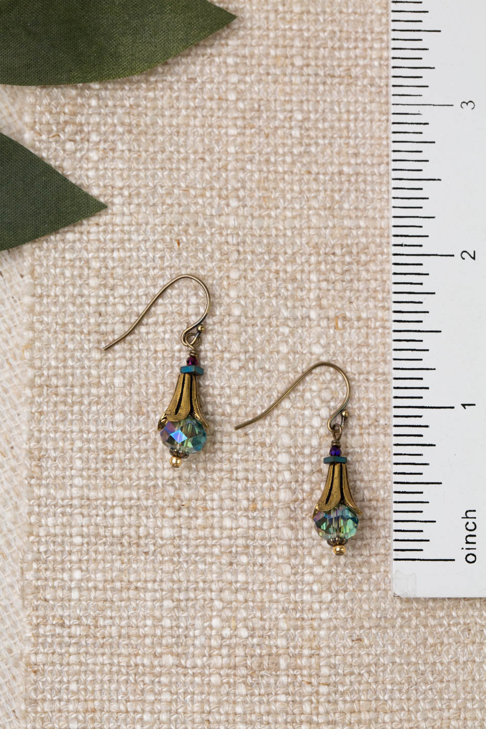 Crisp Autumn Faceted Crystal Dangle With Antique Brass Flower Beadcap Simple Earrings