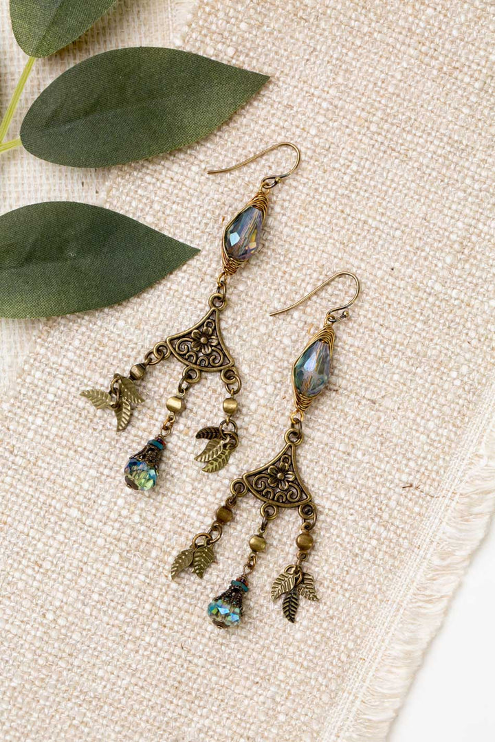 Crisp Autumn Czech Glass Drop With Antique Brass Dangles And Leaves Herringbone Earrings