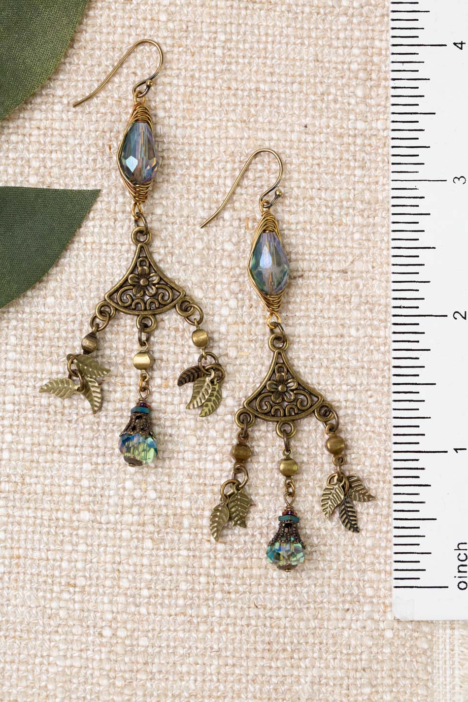 Crisp Autumn Czech Glass Drop With Antique Brass Dangles And Leaves Herringbone Earrings