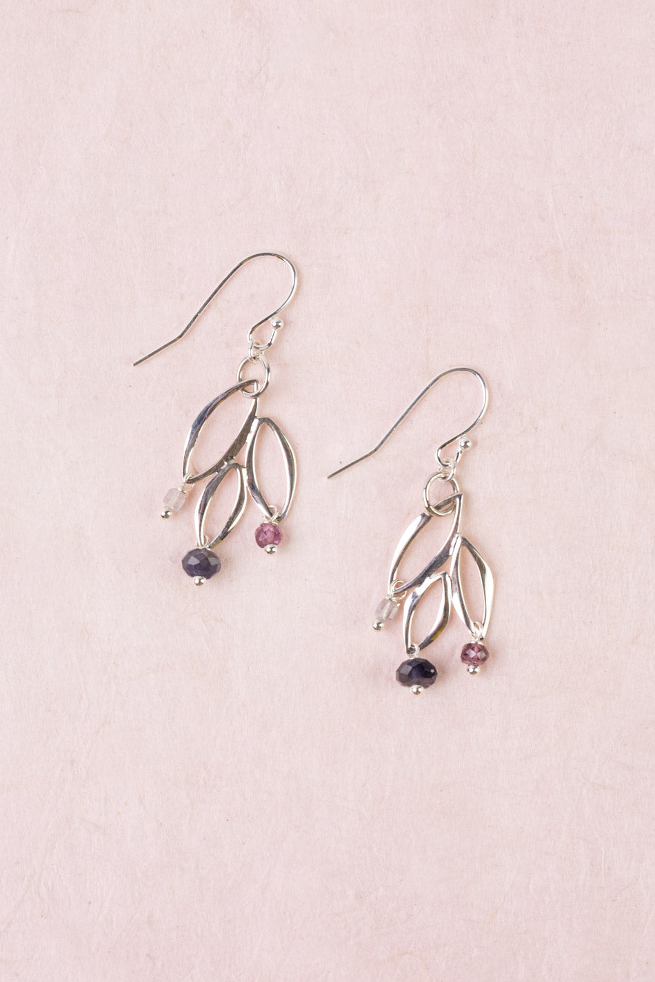 Celestial Sterling Silver Leaf, Spinel Simple Earrings