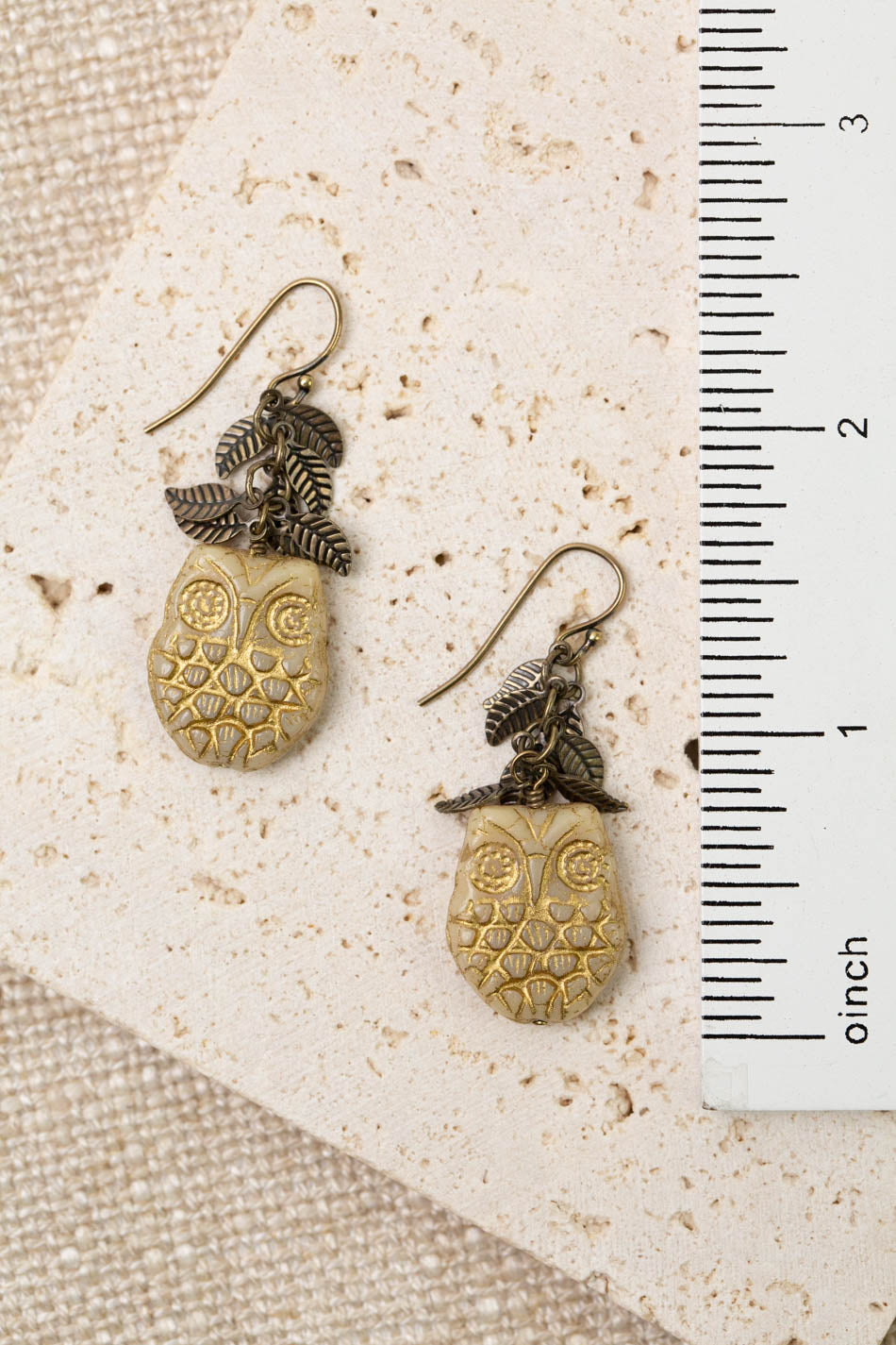 Czech Glass Beige And Gold Owl Statement Earrings