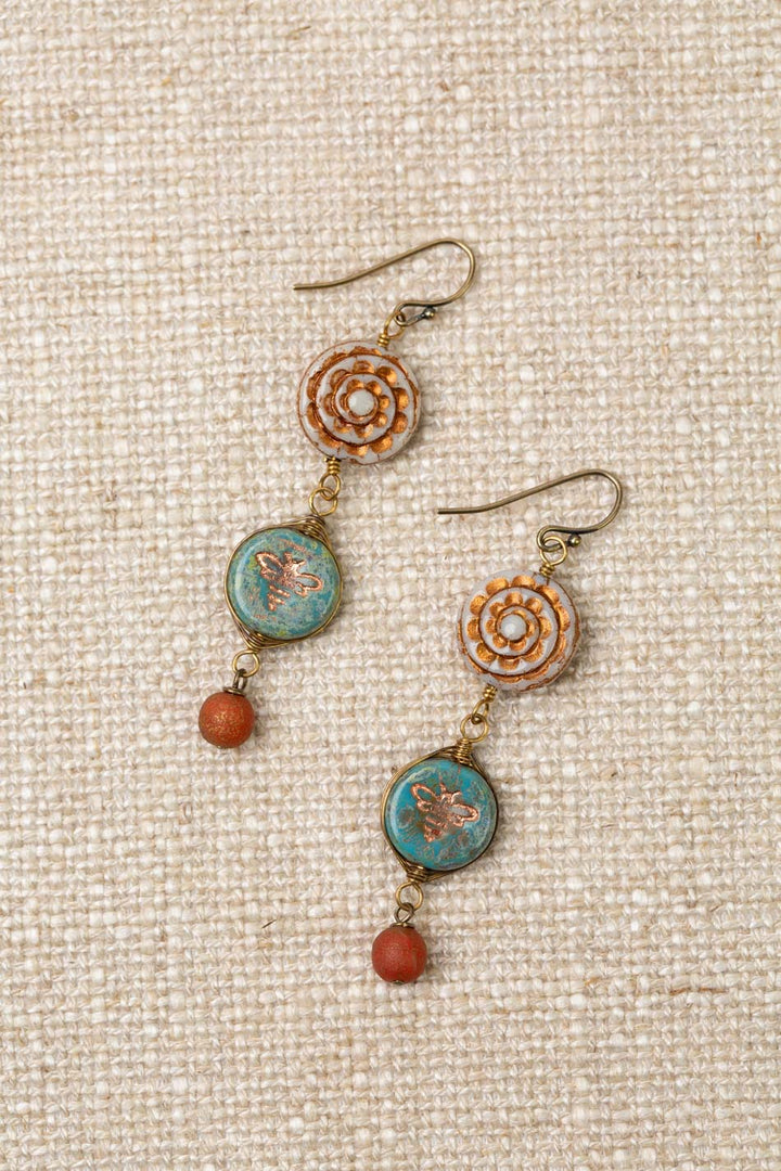 Czech Glass Stamped Bee With Copper Etching Herringbone Earrings