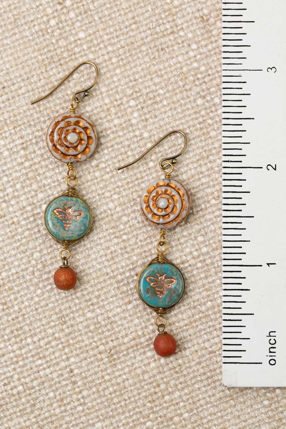 Czech Glass Stamped Bee With Copper Etching Herringbone Earrings