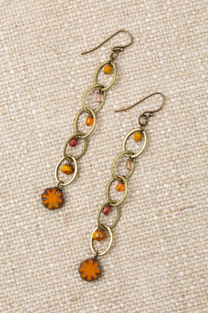Czech Glass Orange Flower Dangle Earrings
