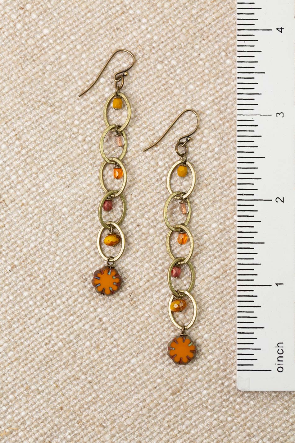 Czech Glass Orange Flower Dangle Earrings
