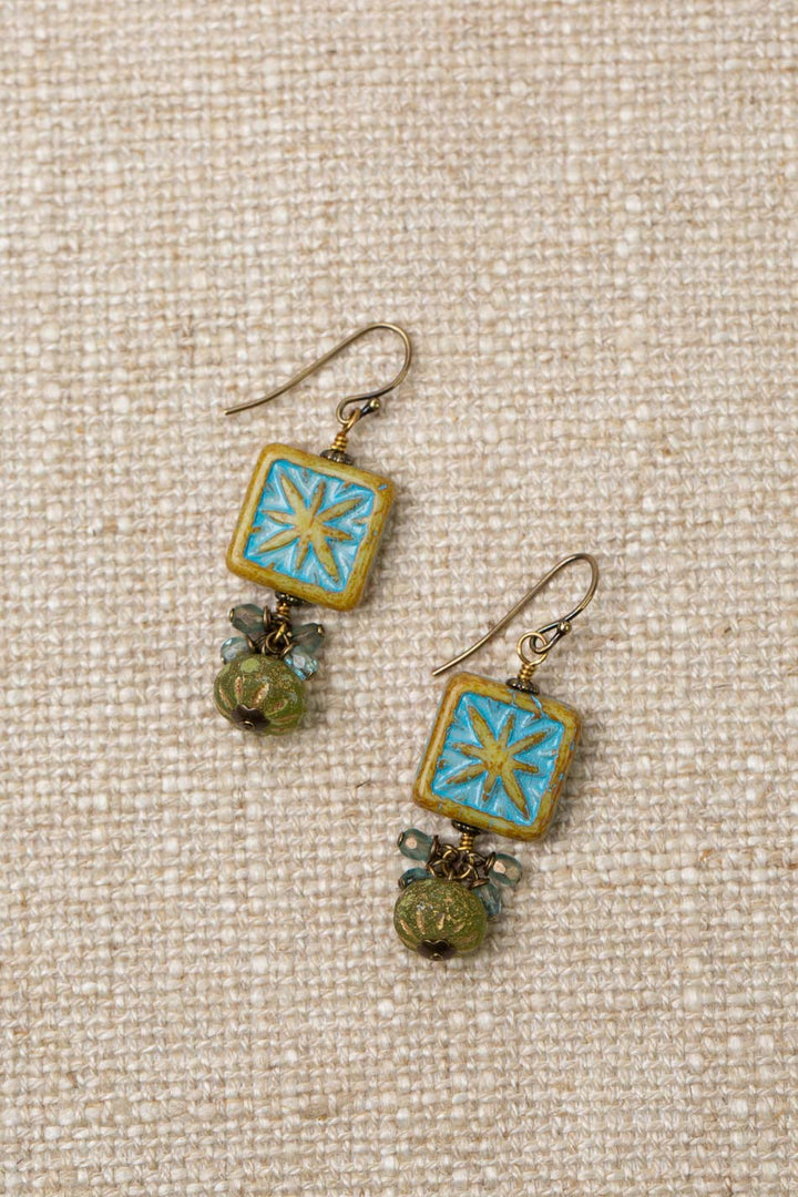 Czech Glass Turquoise Antique Finish Star Stamped Square Cluster Earrings