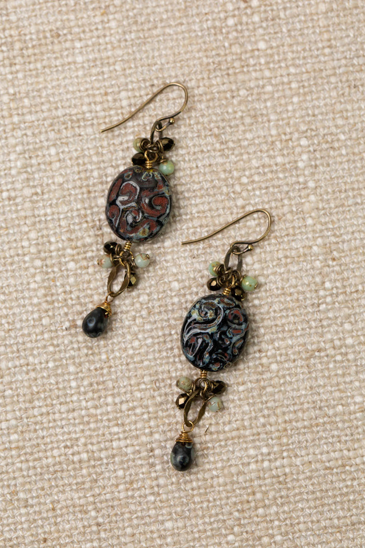 Czech Glass Dark Antique Swirl Dangle Earrings