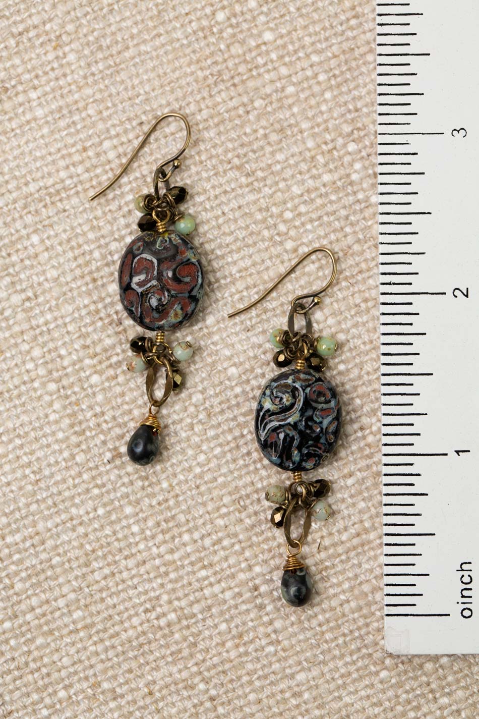 Czech Glass Dark Antique Swirl Dangle Earrings